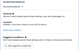 Screenshot of what ad setup looks like in Meta for the audience building tool